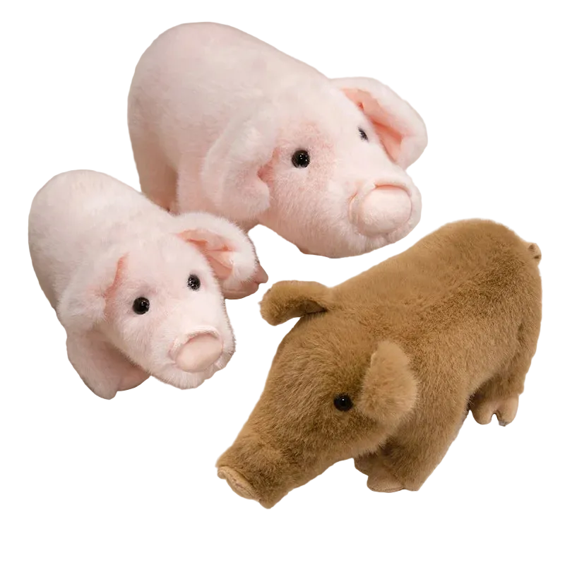 Wild boar plush doll riding piggyback on pink piglet stuffed animal, fuzzy brown boar plushie set