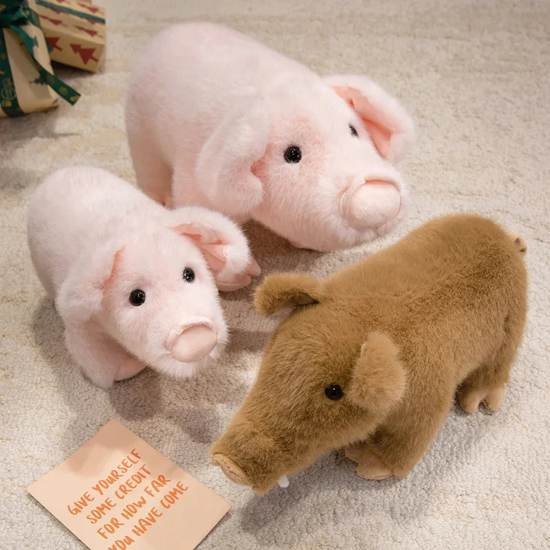 Wild boar plush doll riding piggyback on pink piglet stuffed animal, fuzzy brown boar plushie set