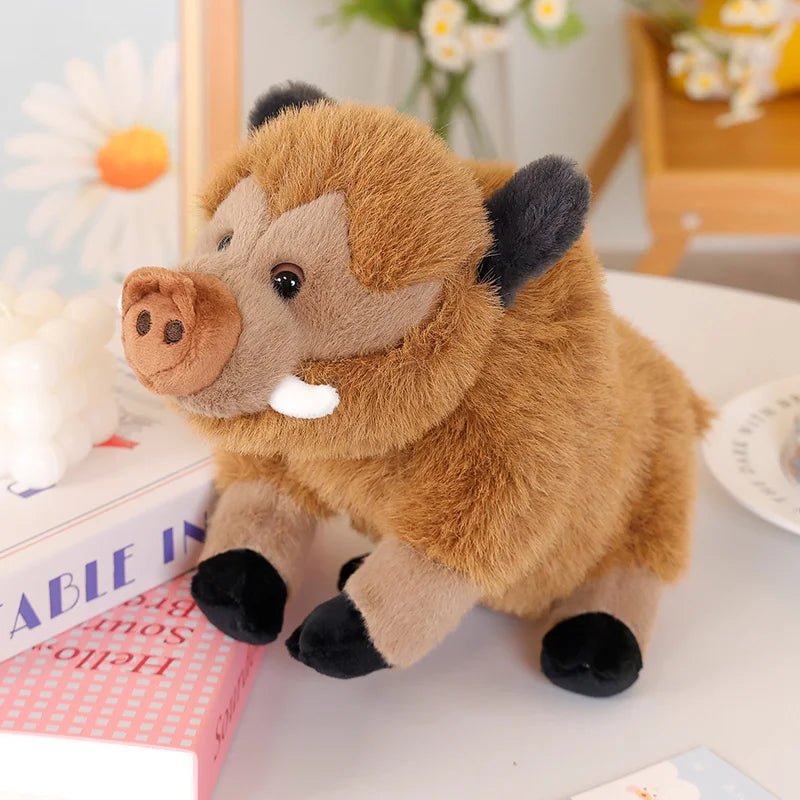 Wild boar plush toy gift wrapped with ribbon on rustic background