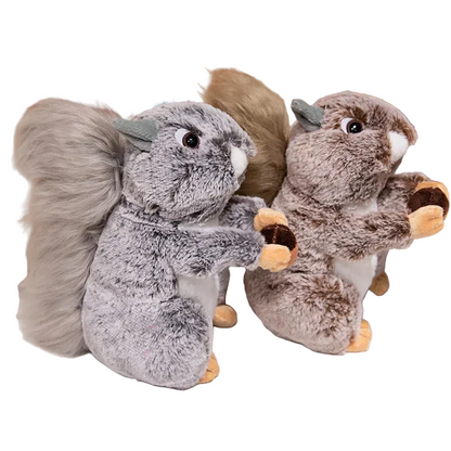 Wild grey brown squirrel plush toy with fluffy bushy tail
