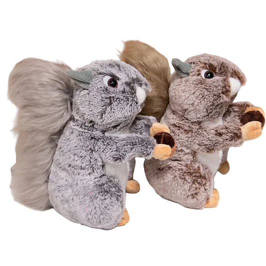 Wild grey brown squirrel plush toy with fluffy bushy tail
