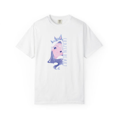 Winter majesty frozen heart t-shirt featuring cryo empress ice-blue gaze and crystal crown design
