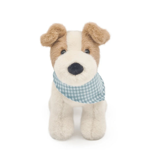 Wire fox terrier plush with blue gingham bandana on white background