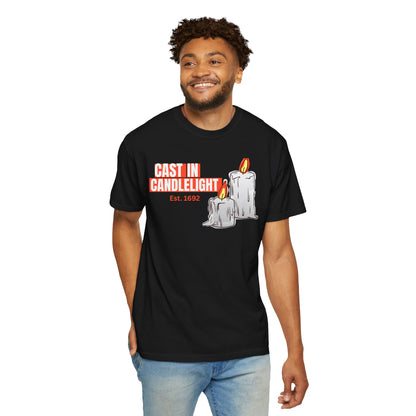 Witch aesthetic candle print unisex tee back view on Comfort Colors 1717 heavyweight cotton