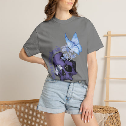 Witchcore Botanical Skull T-Shirt folded to show the garment dyed seam colour