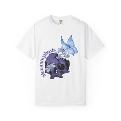 Witchcore Botanical Skull T-Shirt with lavender floral skull and blue butterfly