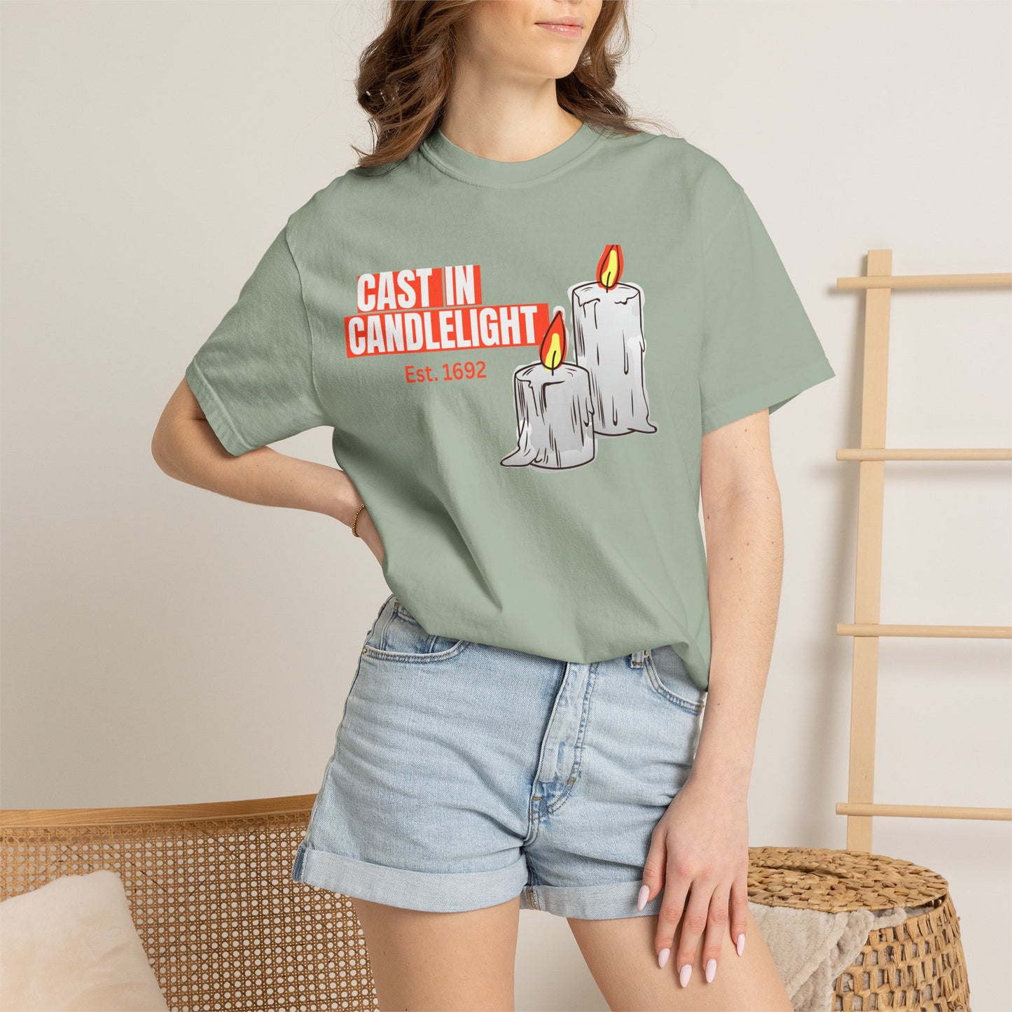 Witchcore candle graphic tee with Est 1692 text on vintage washed Comfort Colors cotton