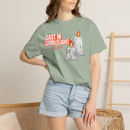 Witchcore candle graphic tee with Est 1692 text on vintage washed Comfort Colors cotton