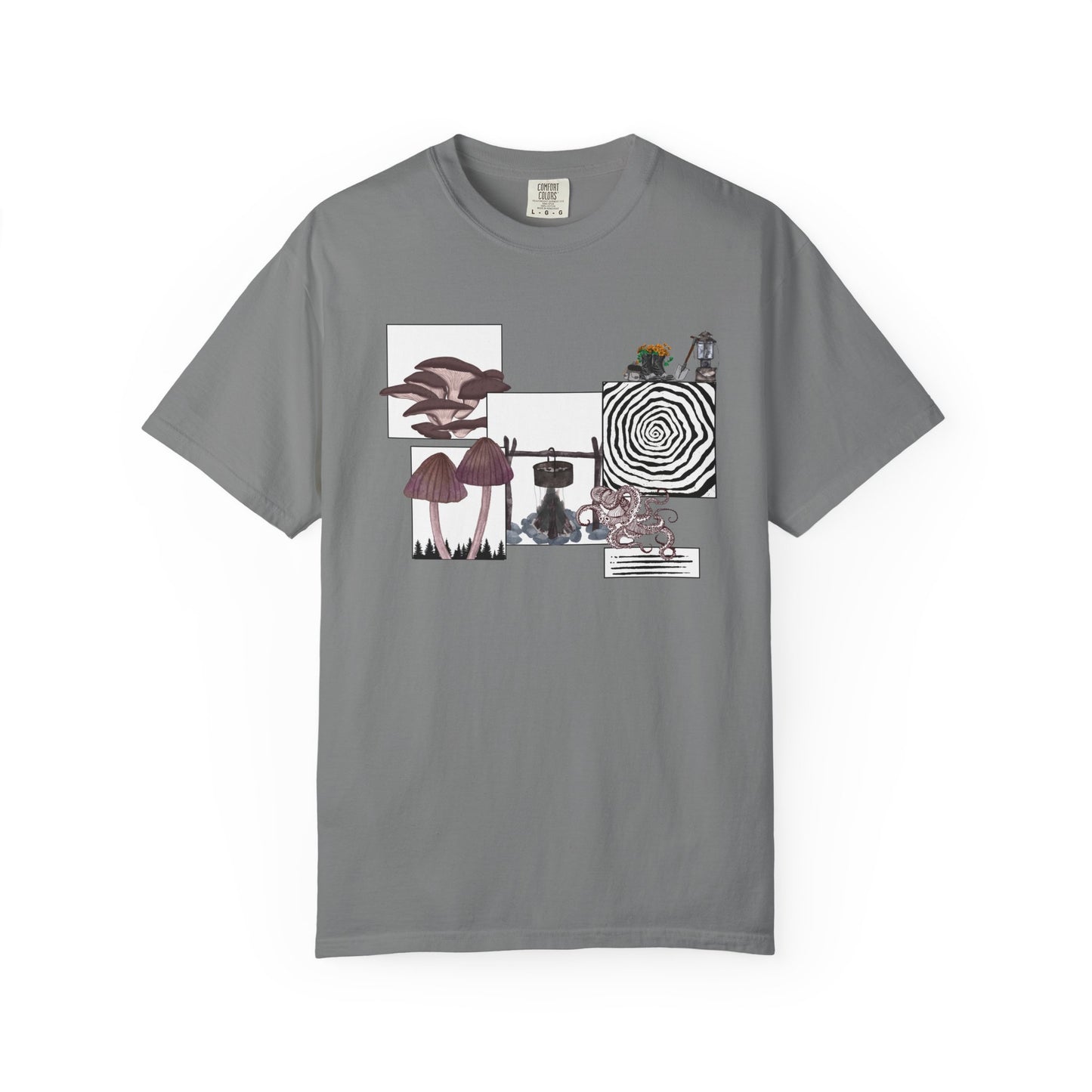 Witchcore t-shirt with glowing forest lantern and occult symbol print detail closeup