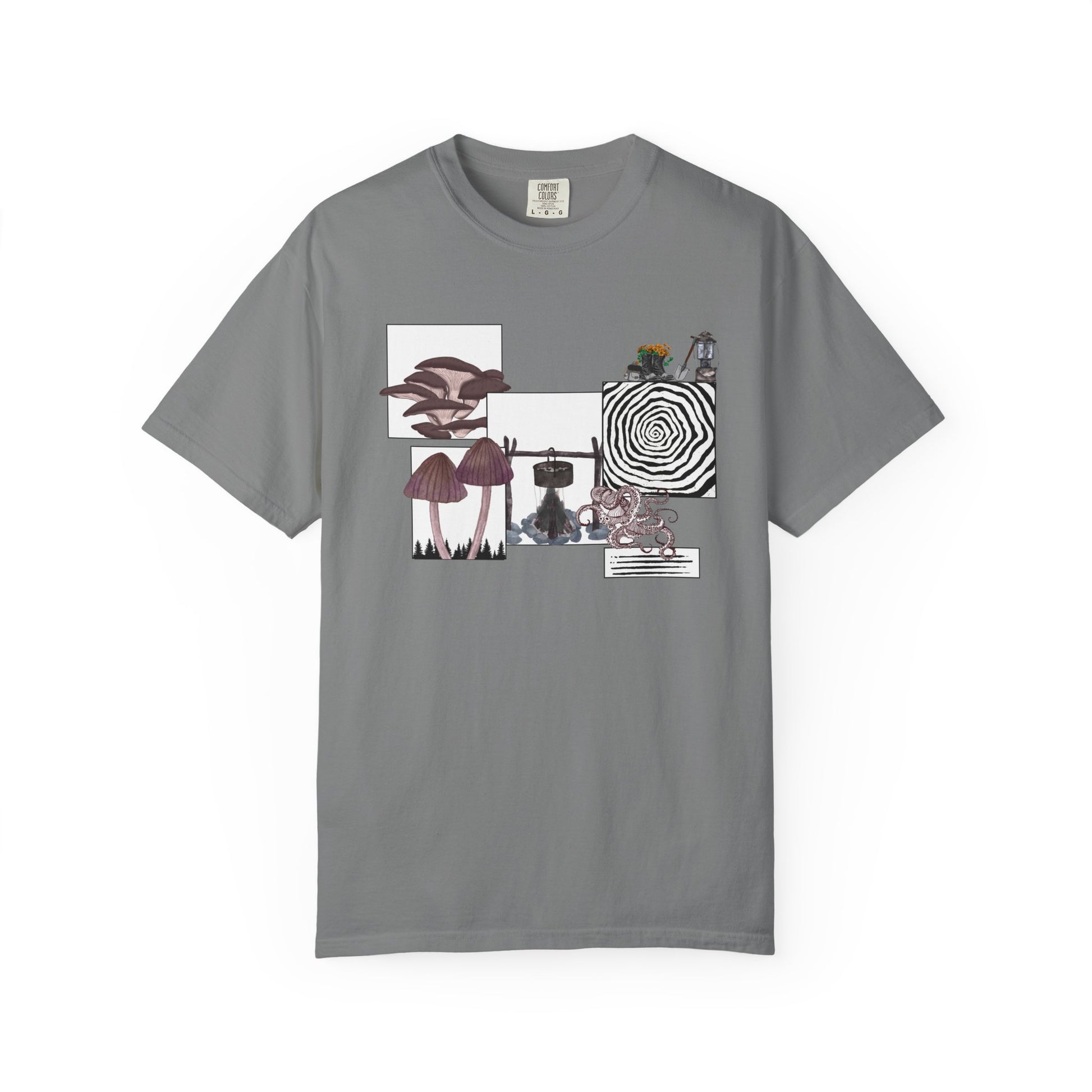 Witchcore t-shirt with glowing forest lantern and occult symbol print detail closeup