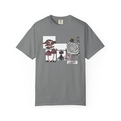 Witchcore t-shirt with glowing forest lantern and occult symbol print detail closeup