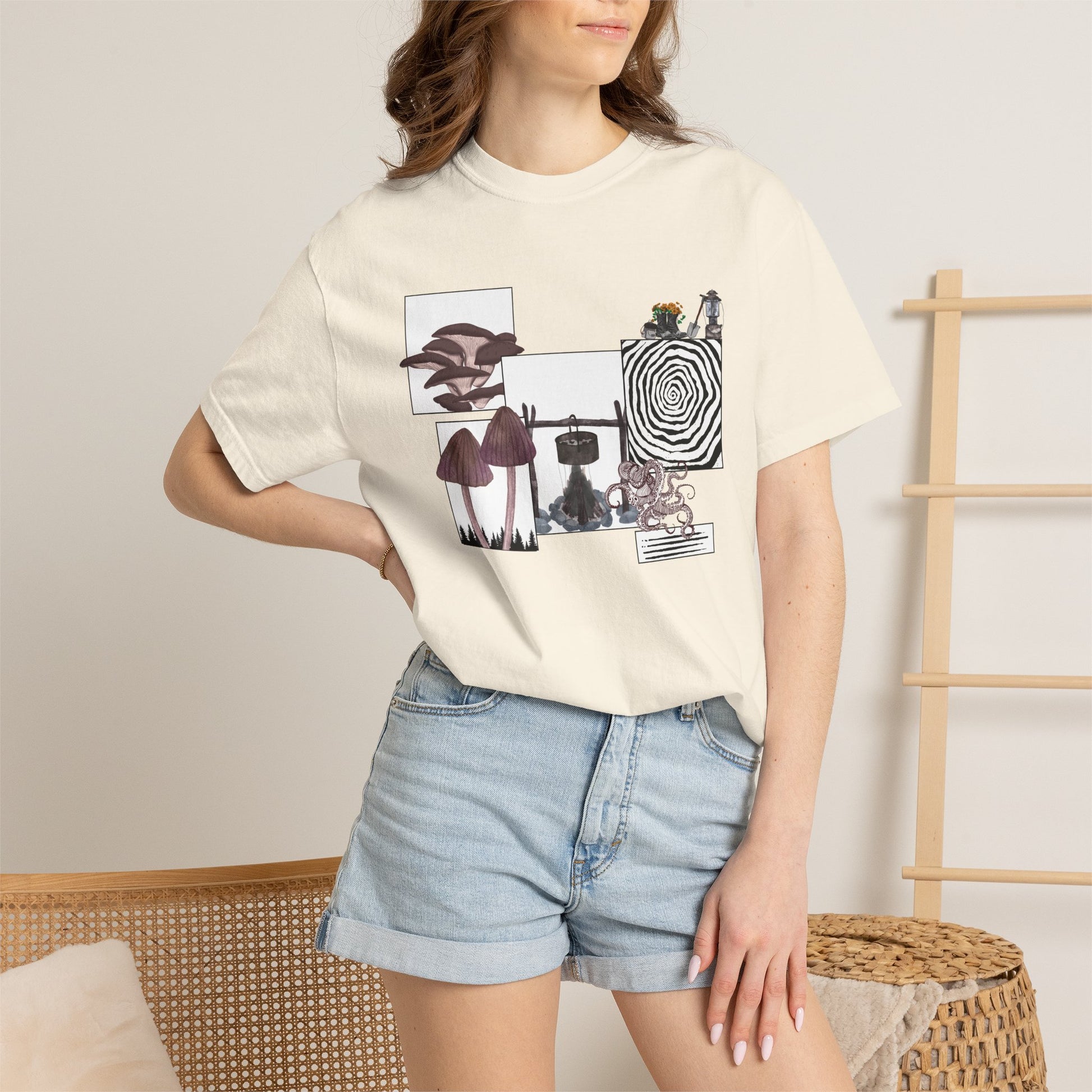 Witchy camping shirt detail shot showing mushroom cluster and occult geometry elements