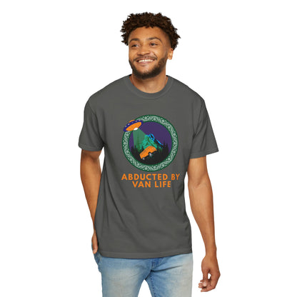 Women's adventure tee with abducted by van life slogan and mountain scenery