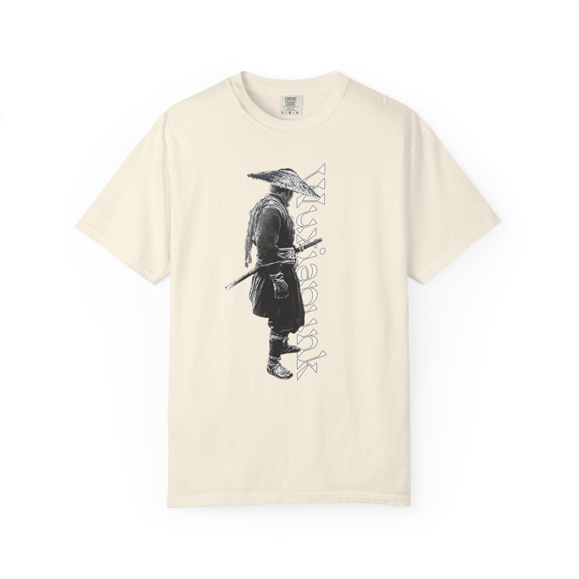 Wuxia tee featuring a battle worn wandering swordsman beneath a woven hat
