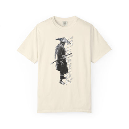 Wuxia tee featuring a battle worn wandering swordsman beneath a woven hat
