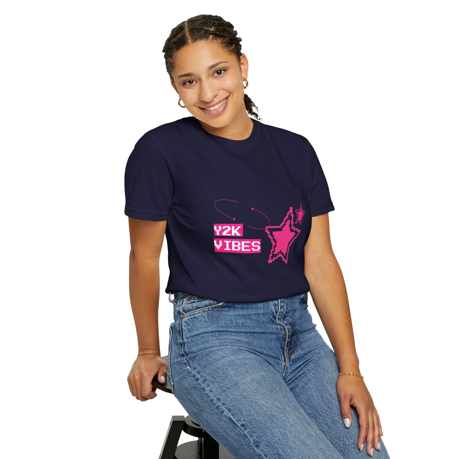 Y2K Vibes T-Shirt hanging on rack — retro graphic tee in multiple colorways, Comfort Colors 1717
