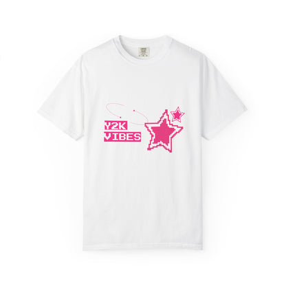 Y2K Vibes T-Shirt with hot pink pixel art sparkle stars on a black background — Y2K aesthetic graphic tee