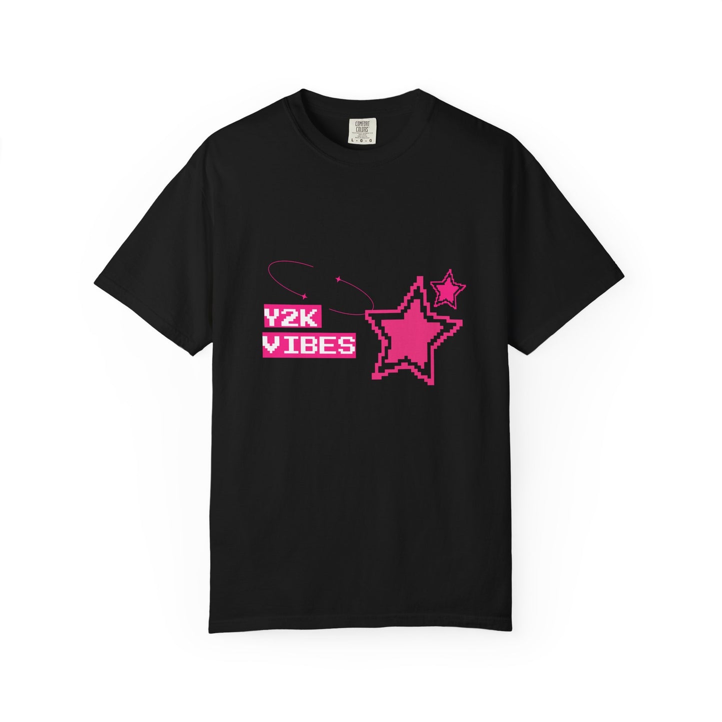 Y2K aesthetic t-shirt flat lay on white surface — pixel art stars design in hot pink