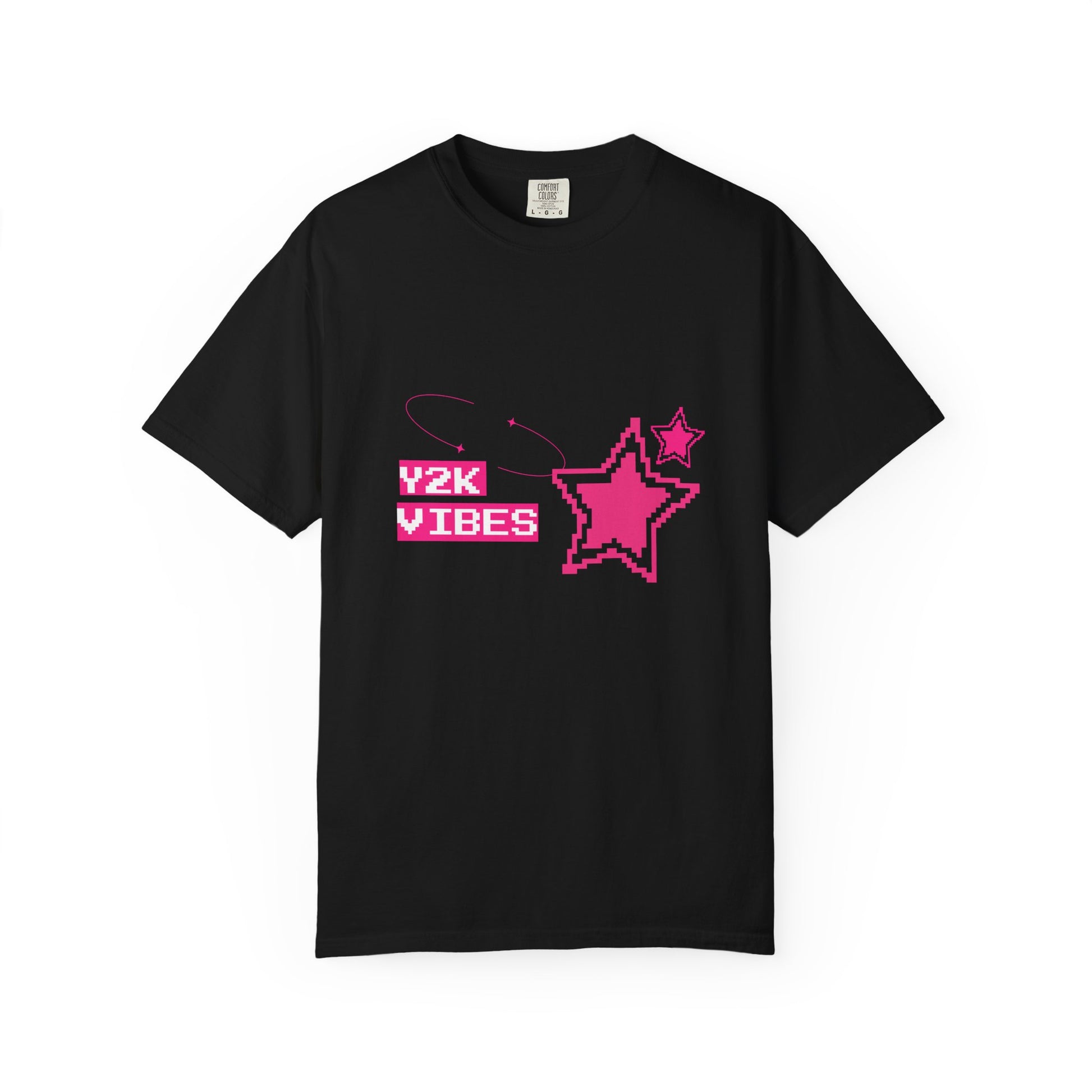 Y2K aesthetic t-shirt flat lay on white surface — pixel art stars design in hot pink