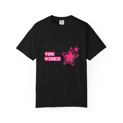 Y2K aesthetic t-shirt flat lay on white surface — pixel art stars design in hot pink