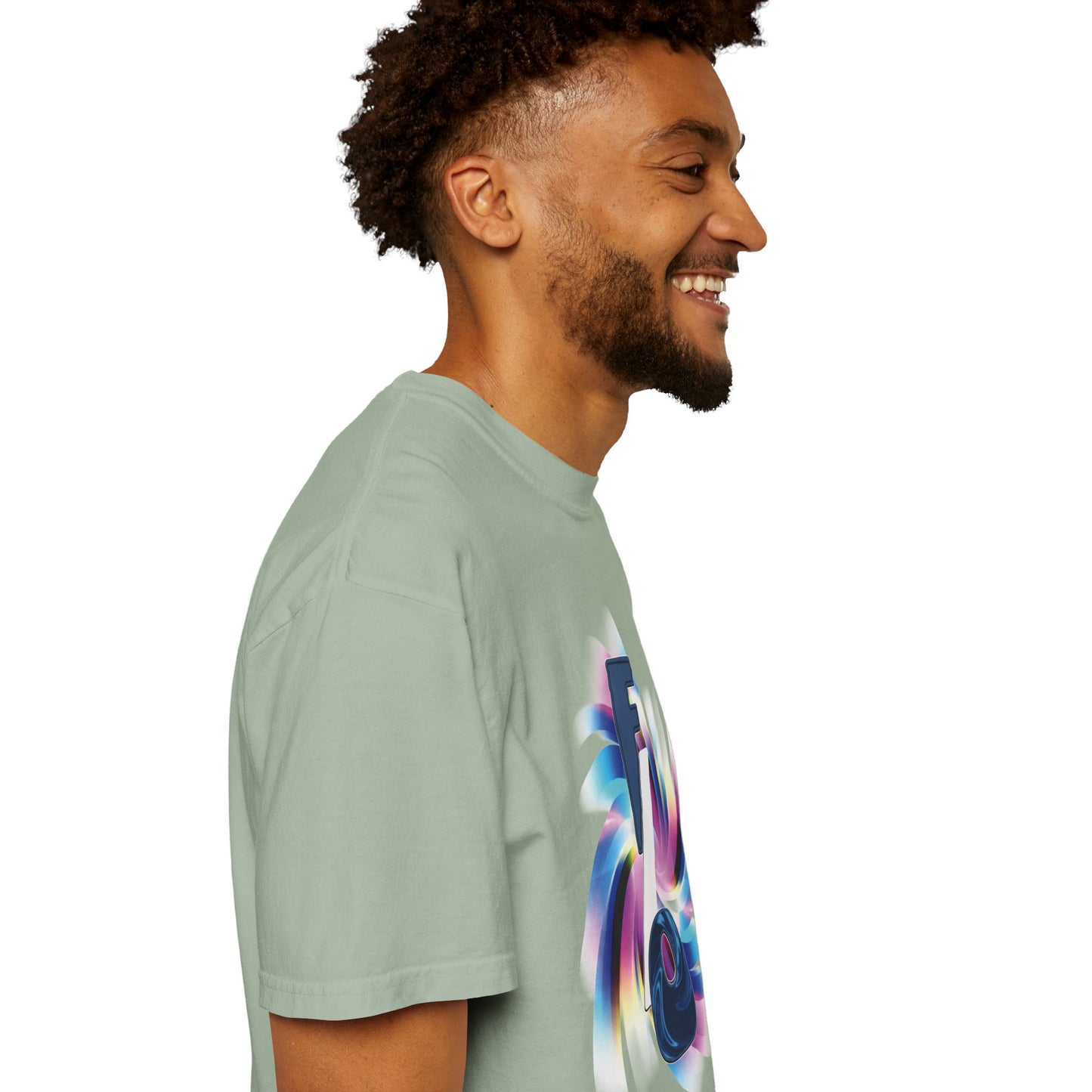 Y2K fan culture graphic tee, F/O emblem swirling portal, electric blue neon pink detail
