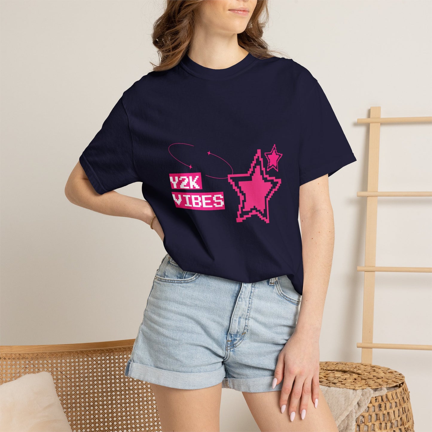 Y2K graphic tee lifestyle shot — nostalgic aesthetic outfit with pixel art sparkle stars