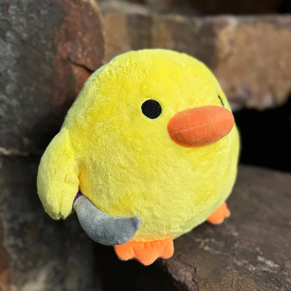 Yellow duck stuffed animal holding knife, meme plush gift
