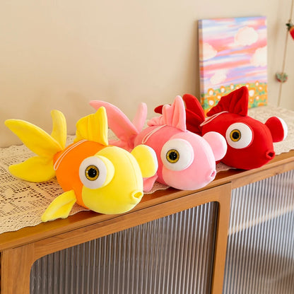 Yellow kawaii stuffed fish plushie, close-up on cartoon eyes