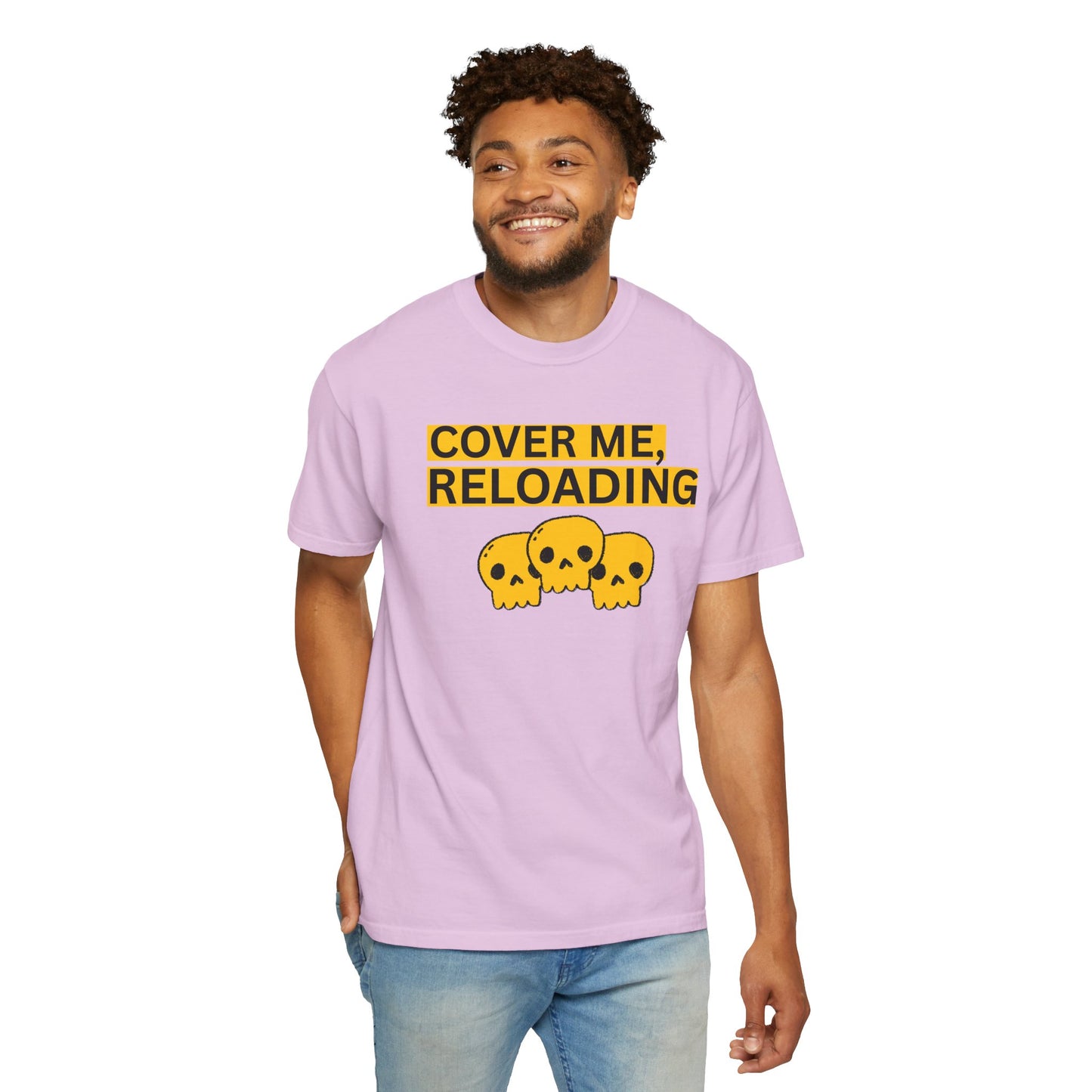 Yellow skull trio graphic close-up on cover me reloading gaming shirt print quality