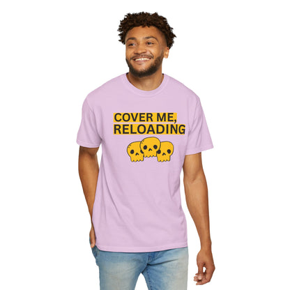 Yellow skull trio graphic close-up on cover me reloading gaming shirt print quality