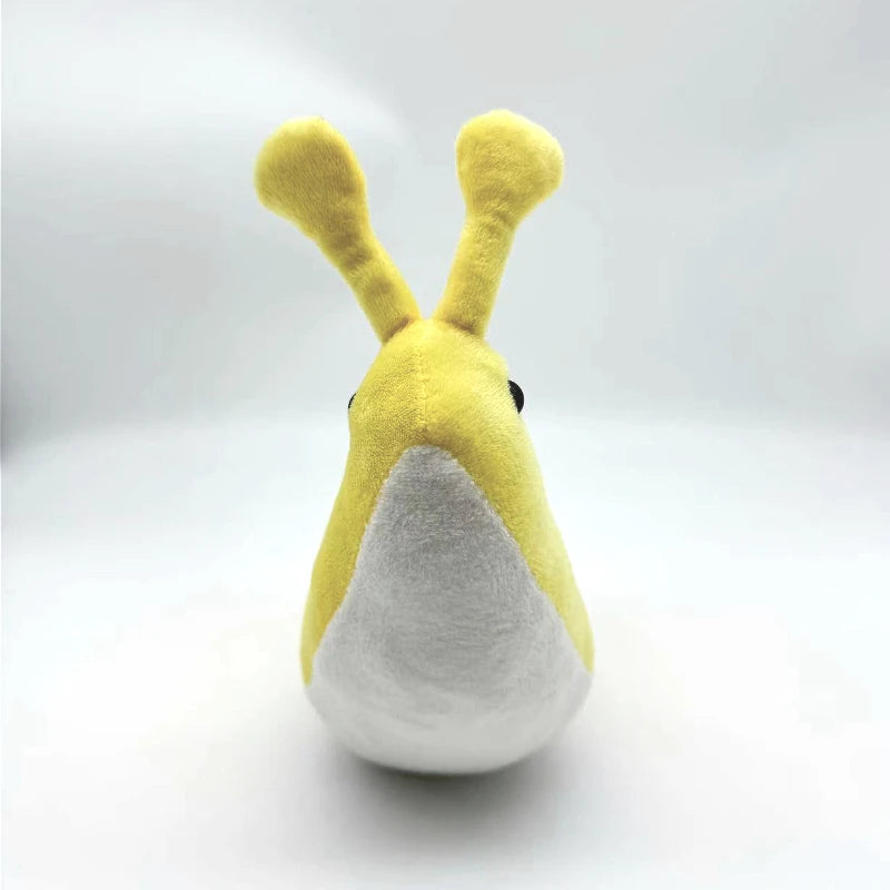 Yellow slug plush side view showing full body shape and color