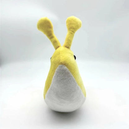 Yellow slug plush side view showing full body shape and color