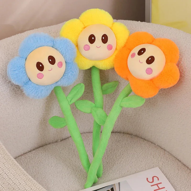 Yellow smiley sunflower plush 40cm front view on white background
