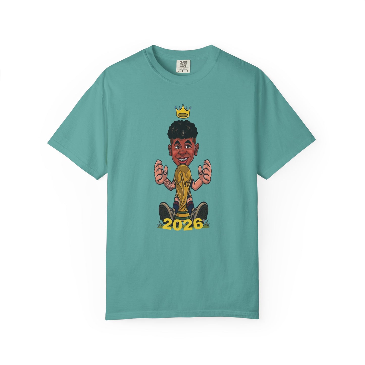 Young football star tee featuring smiling caricature sitting behind championship trophy
