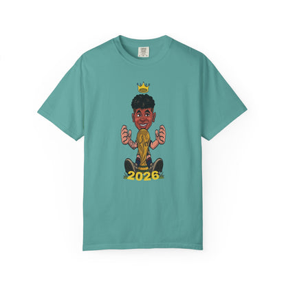 Young football star tee featuring smiling caricature sitting behind championship trophy
