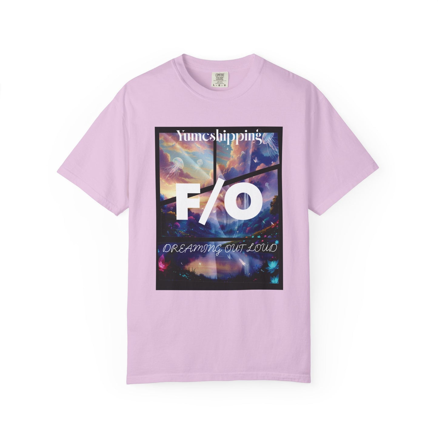 Yumejoshi apparel flat lay showing full dreamscape artwork with neon water lilies and light beams
