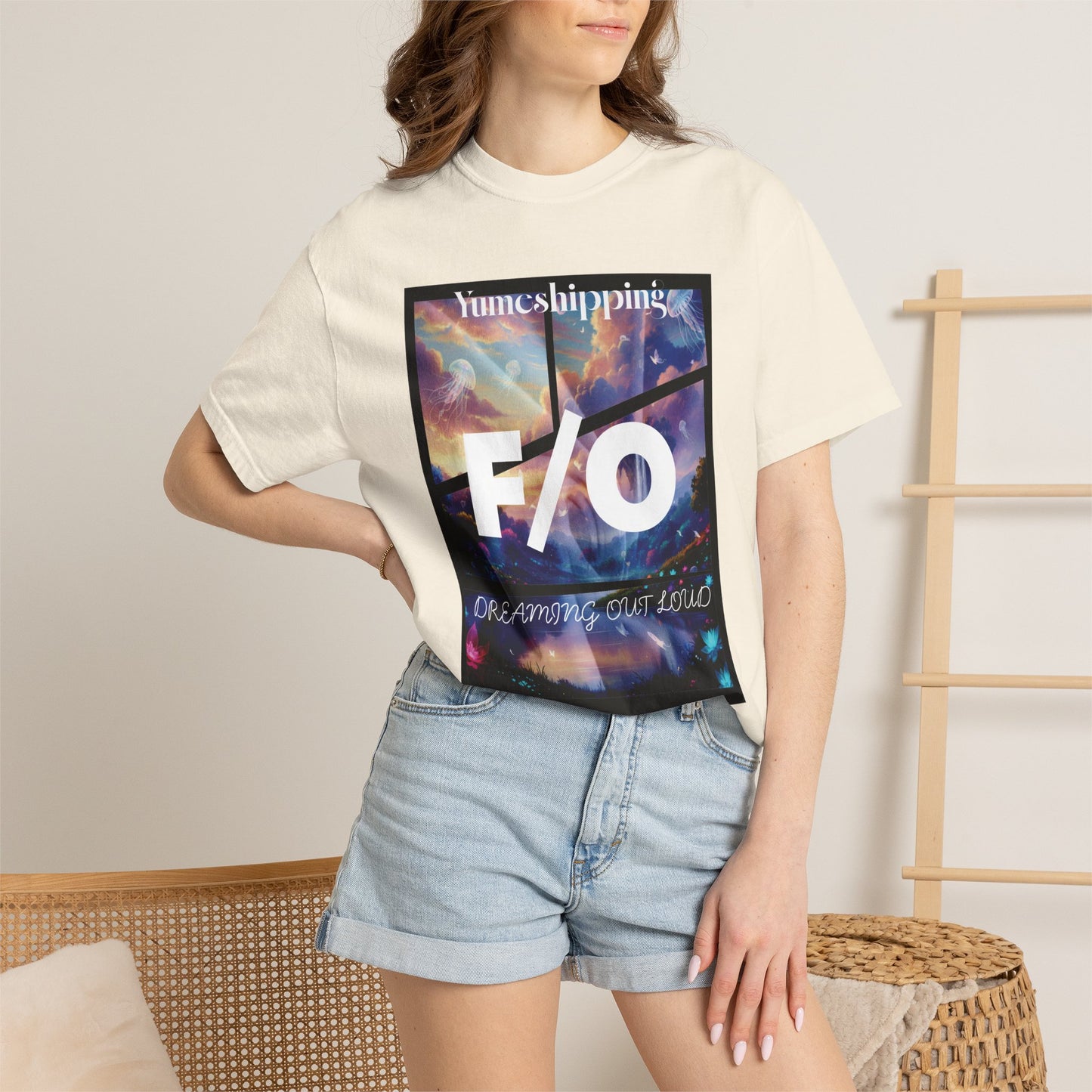 Yumejoshi apparel with DREAMING OUT LOUD cursive text over fantasy lake and jellyfish illustration