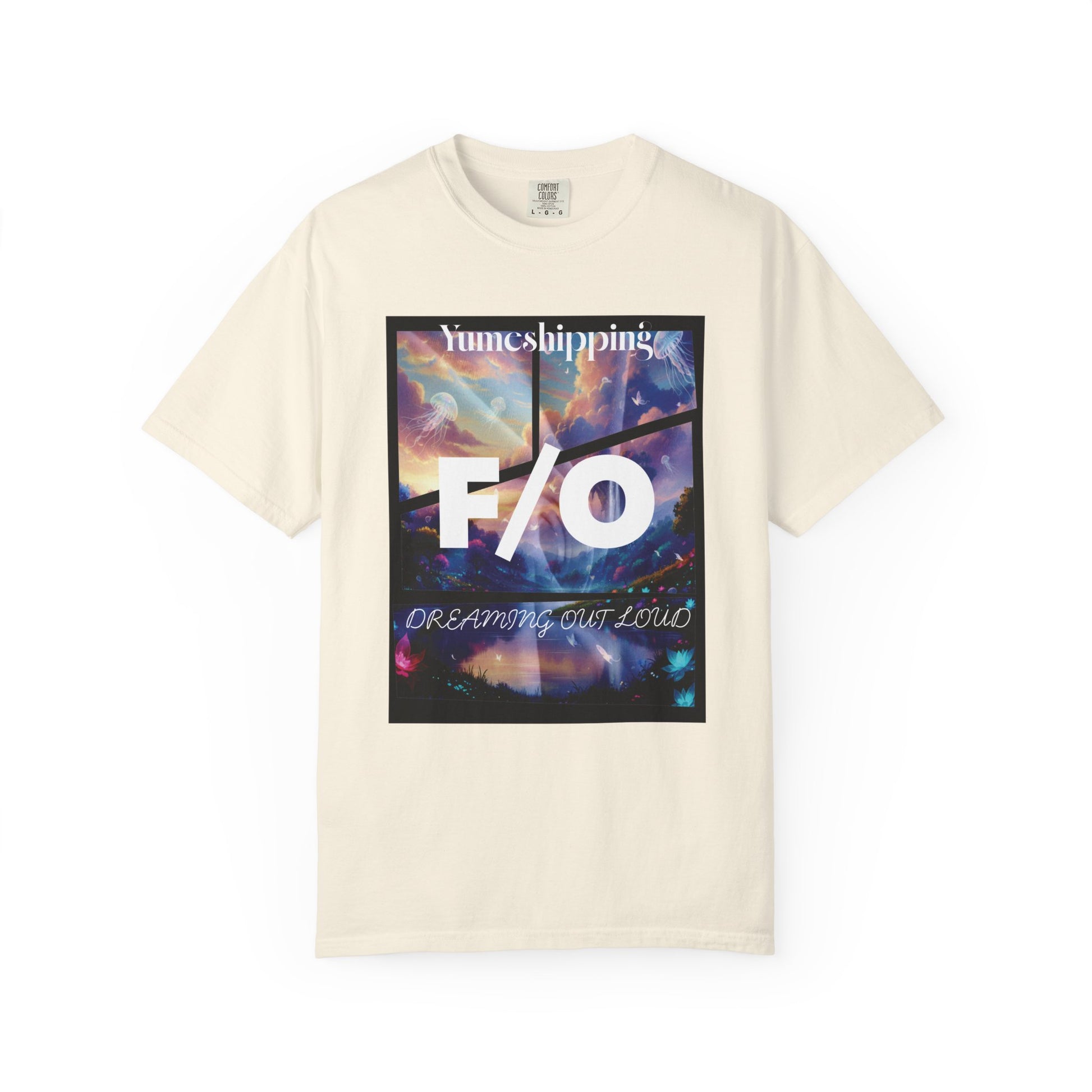Yumejoshi apparel with abstract night sky anime aesthetic and bold F/O typography
