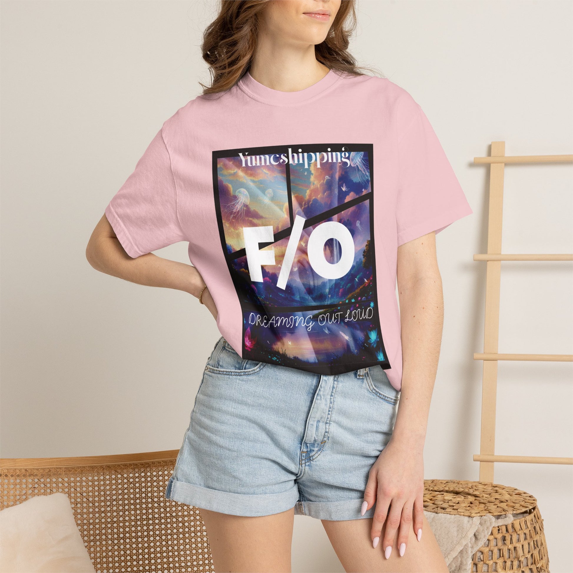 Yumejoshi merch featuring garment-dyed Comfort Colors tee with dreamscape anime art and F/O type