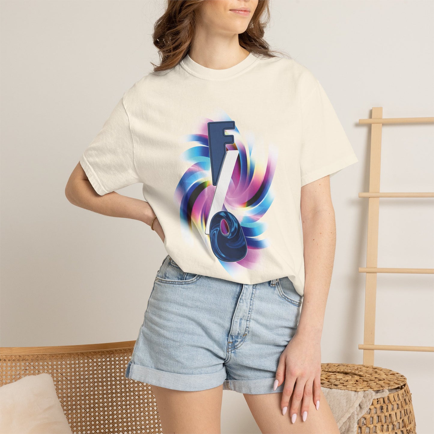 Yumejoshi self-shipper graphic tee detail, F/O letters in bold stylized font, dark tee
