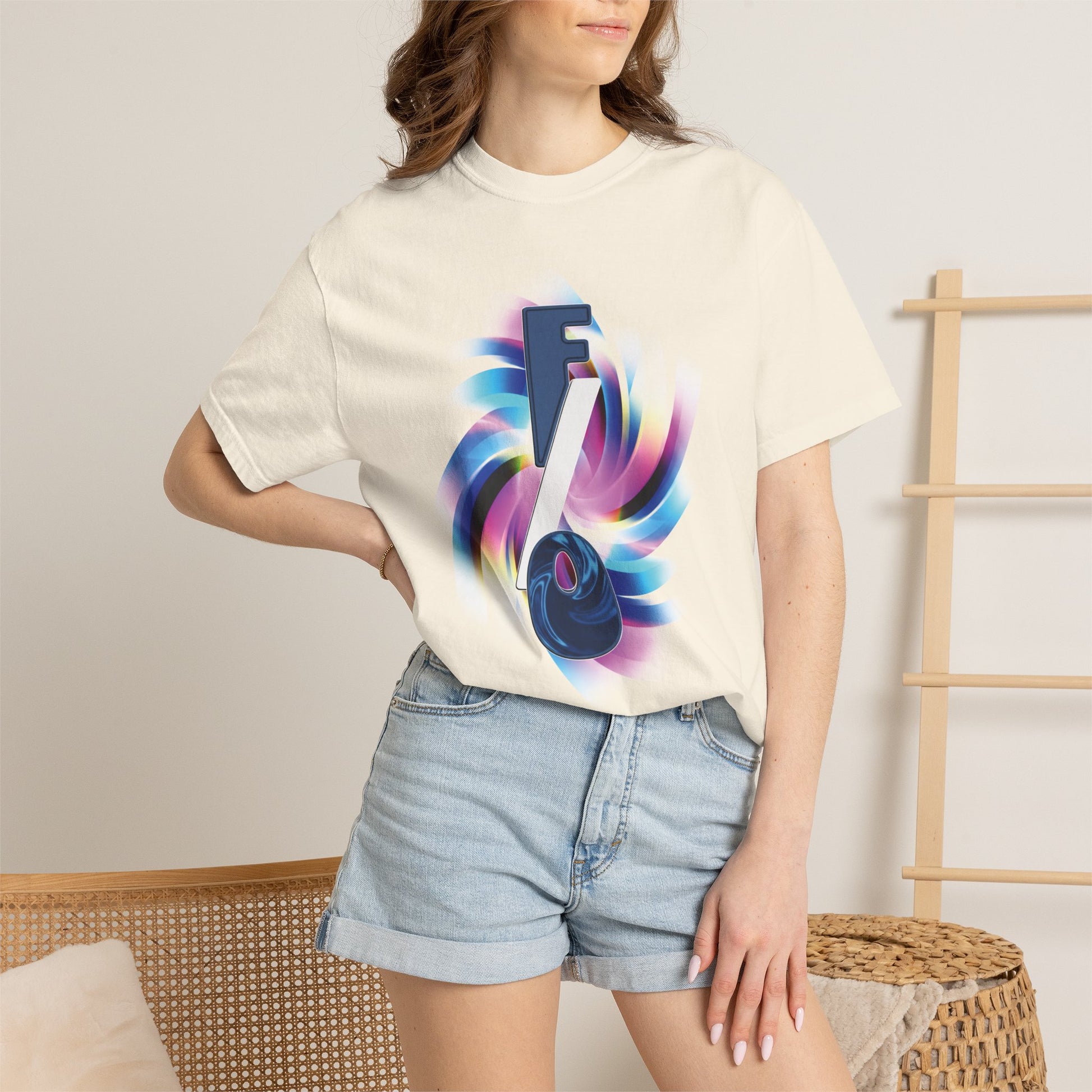 Yumejoshi self-shipper graphic tee detail, F/O letters in bold stylized font, dark tee
