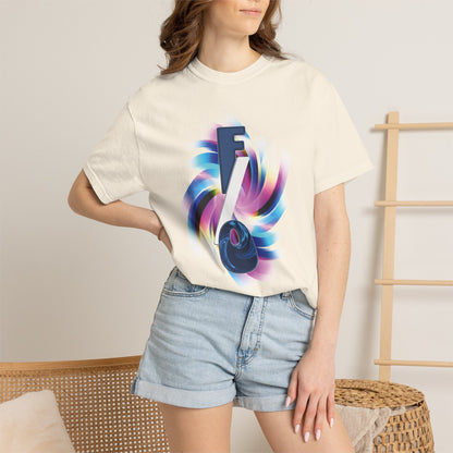 Yumejoshi self-shipper graphic tee detail, F/O letters in bold stylized font, dark tee
