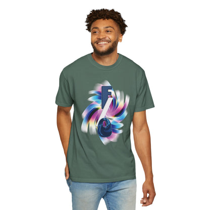 Yumeship graphic tee side view, tubular knit no side seam construction, clean drape detail
