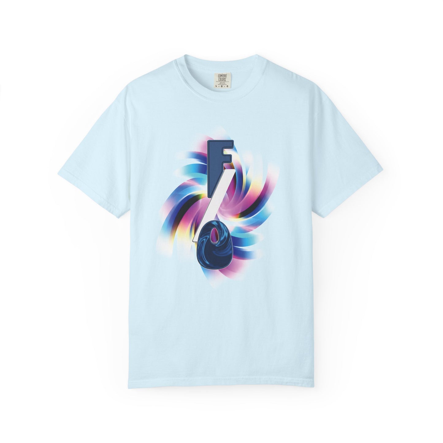 Yumeship graphic tee worn casually, Y2K fan fashion aesthetic, neon gradient vortex close-up
