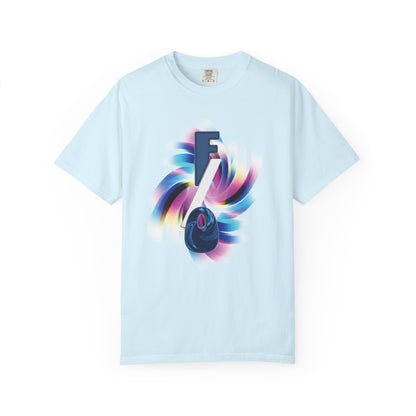 Yumeship graphic tee worn casually, Y2K fan fashion aesthetic, neon gradient vortex close-up
