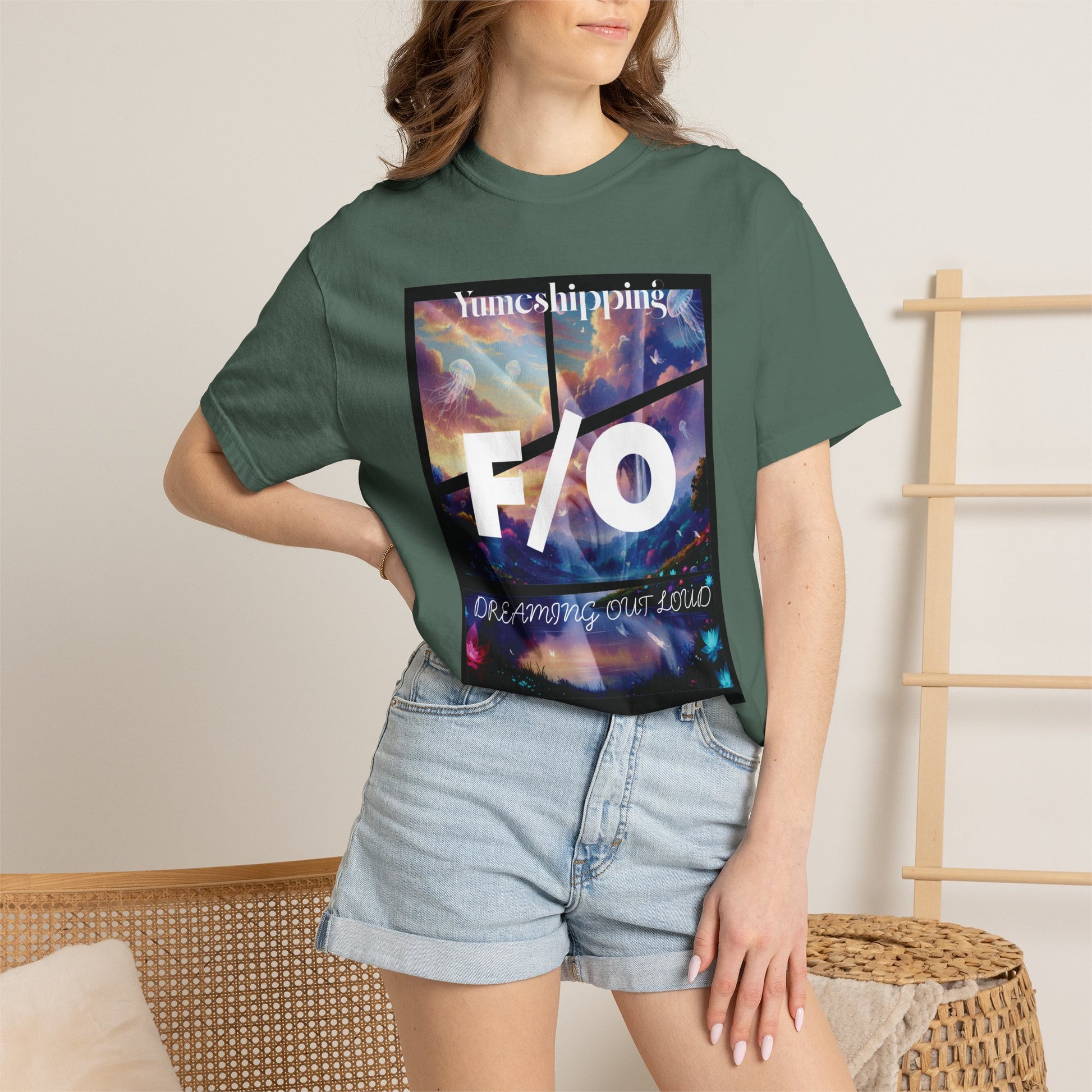 Yumeshipping community tee featuring celestial jellyfish, water lilies, and bold F/O typography