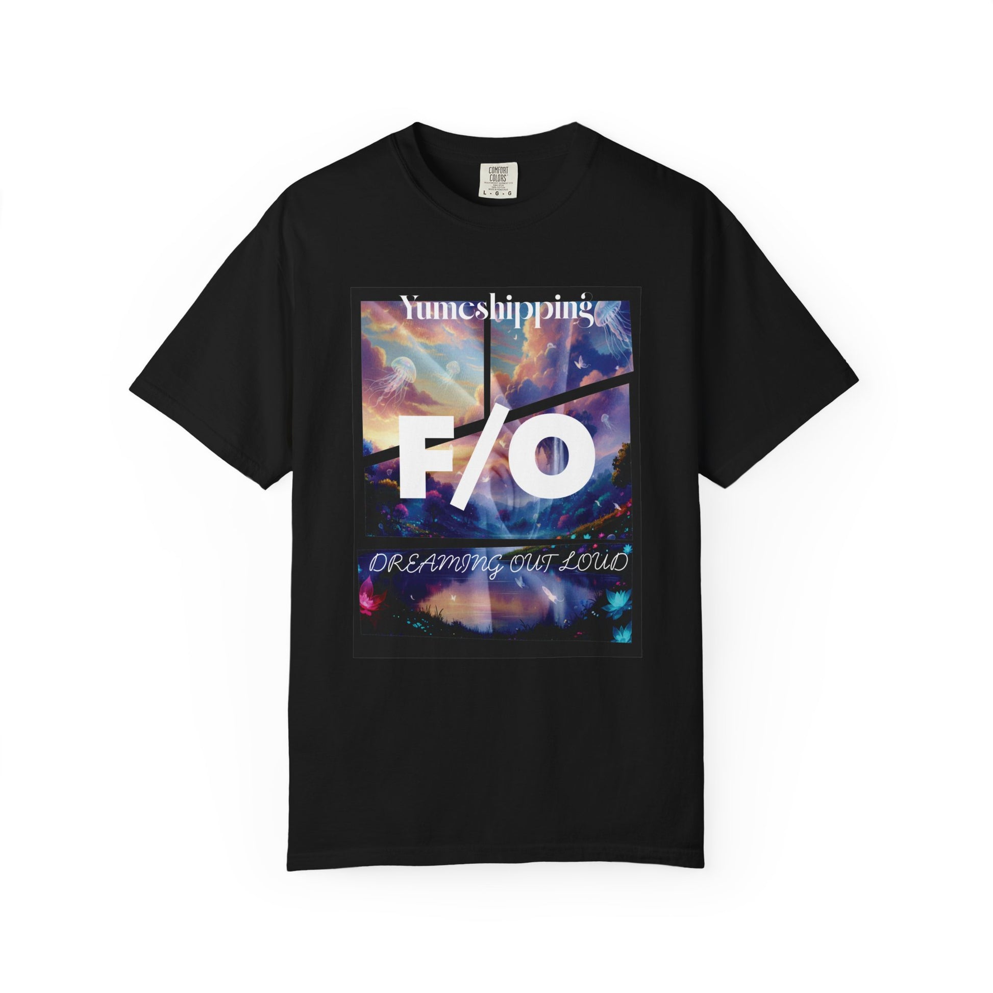Yumeshipping graphic tee with F/O dreamscape design on dark Comfort Colors shirt
