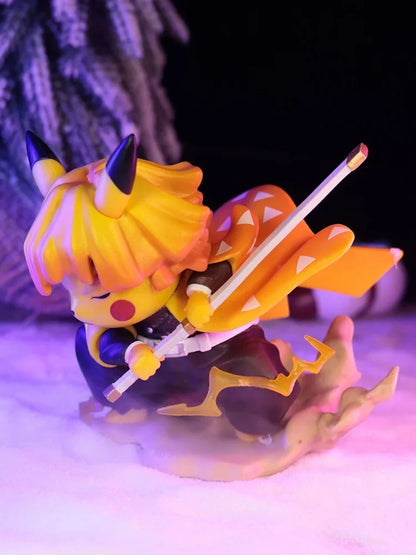 Zenitsu Agatsuma figure wearing Pikachu costume, 10cm PVC anime statue front view
