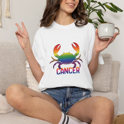 Bold rainbow Cancer sign graphic on relaxed fit t-shirt