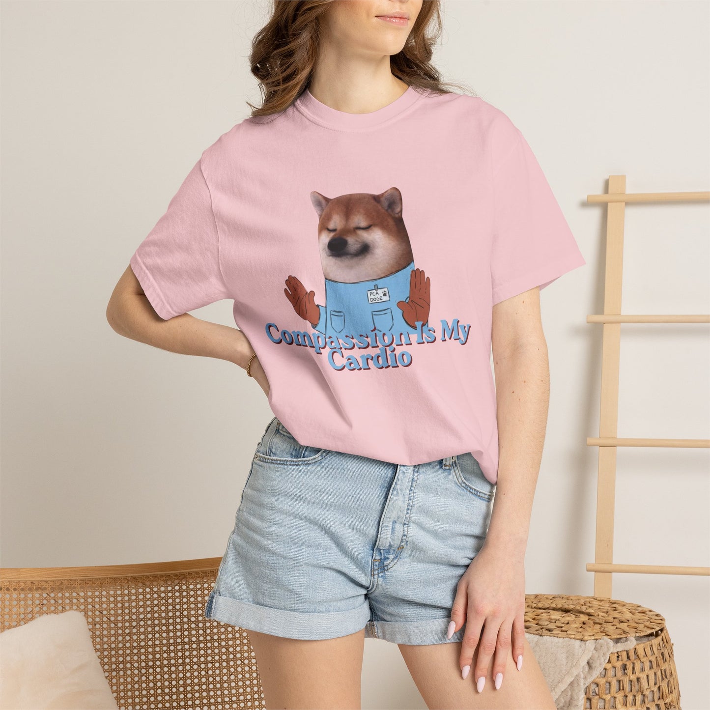 Compassion Is My Cardio shirt with cute illustrated dog design